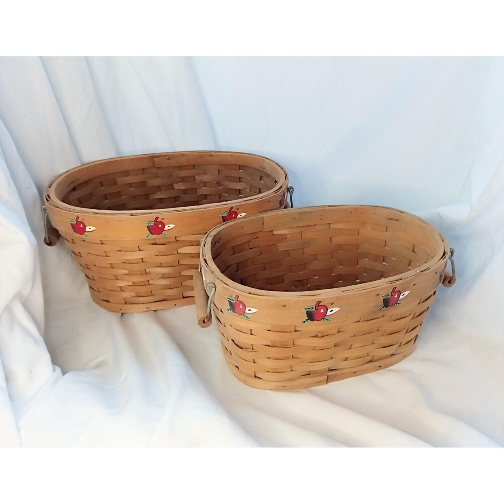 Pair of Vintage Oval Baskets with Handles and Painted Apples